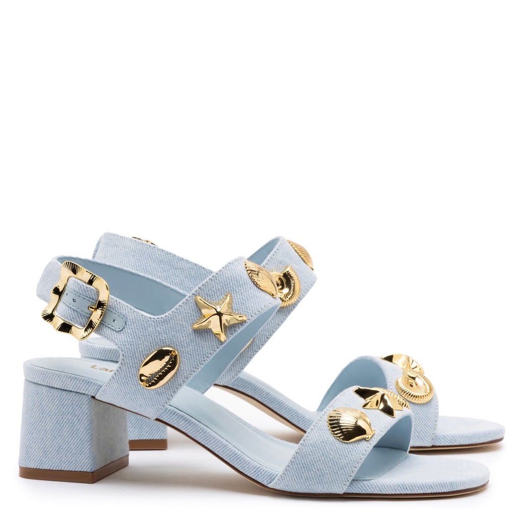 NWT Larroude Seashell Block Heel in Blue Denim